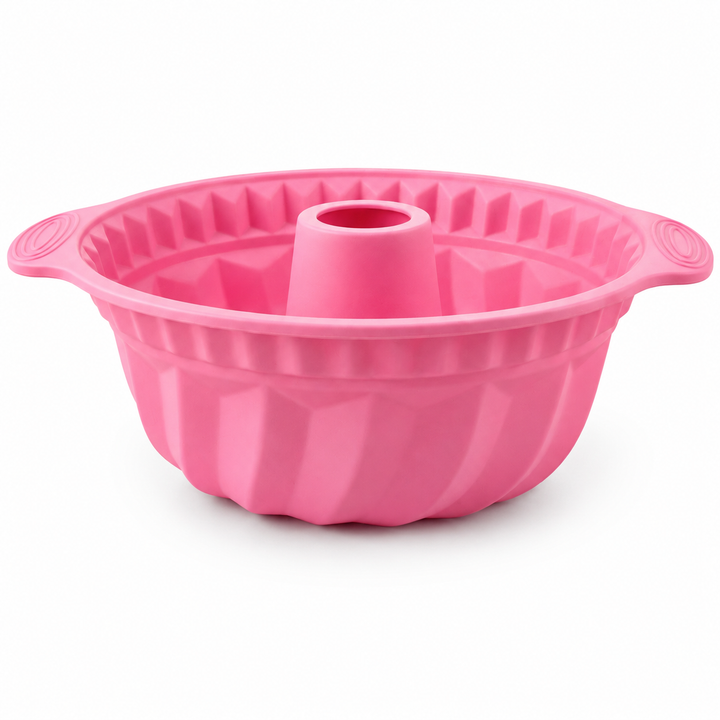 Pink SpiralCore silicone Bundt cake pan, nonstick fluted mold