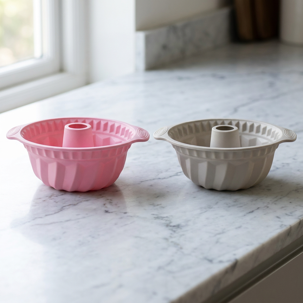 Silicone Bundt cake pan set of 2, pink and grey nonstick fluted molds in natural light