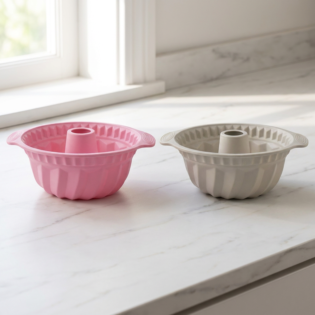 Pink and grey silicone Bundt cake pans side by side on a marble countertop