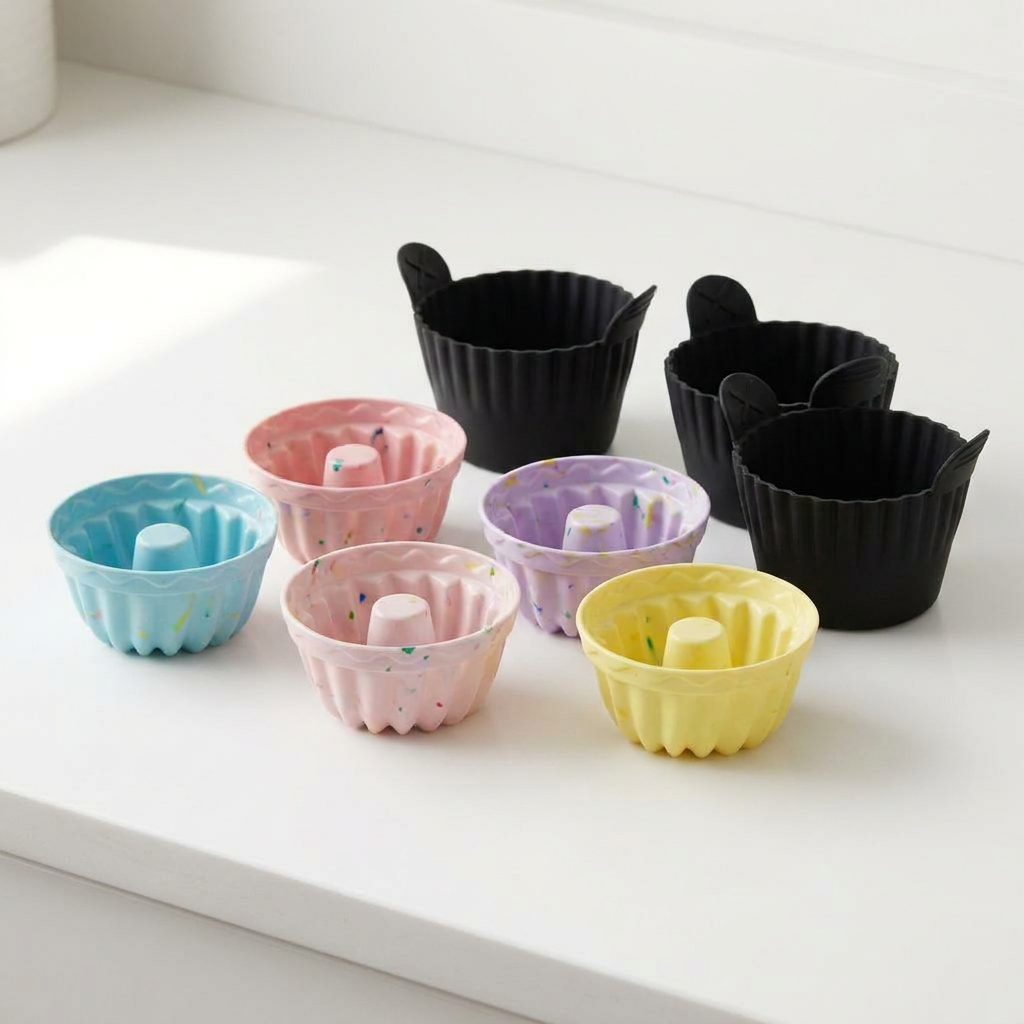 9 reusable silicone baking cups for oven and air fryer arranged on a white countertop