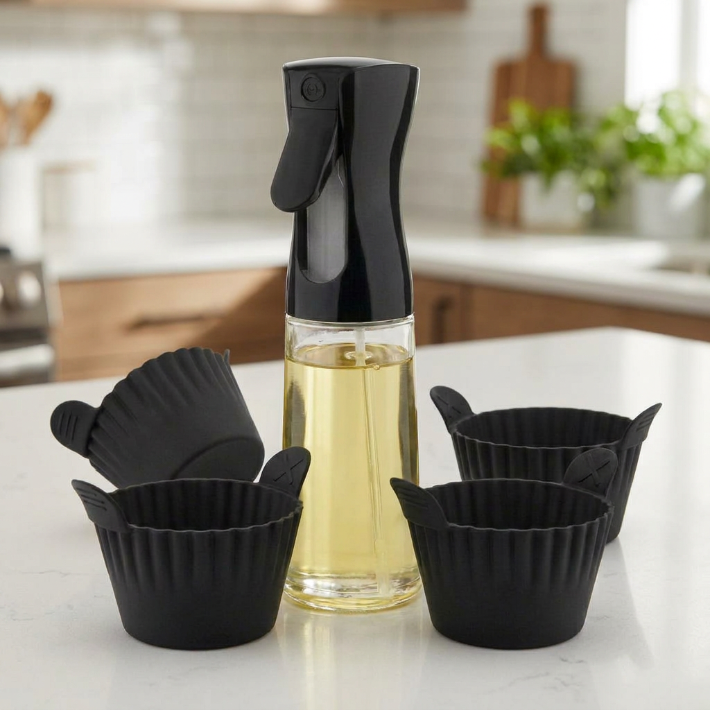 Oil sprayer and 4 silicone air fryer baking cups on a kitchen countertop