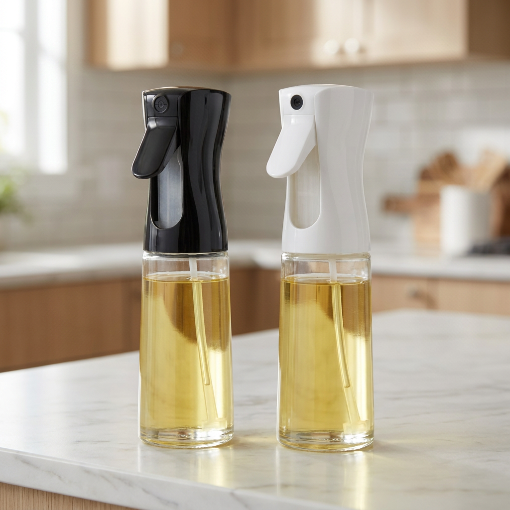 White and black refillable oil sprayer bottles side by side on a kitchen countertop