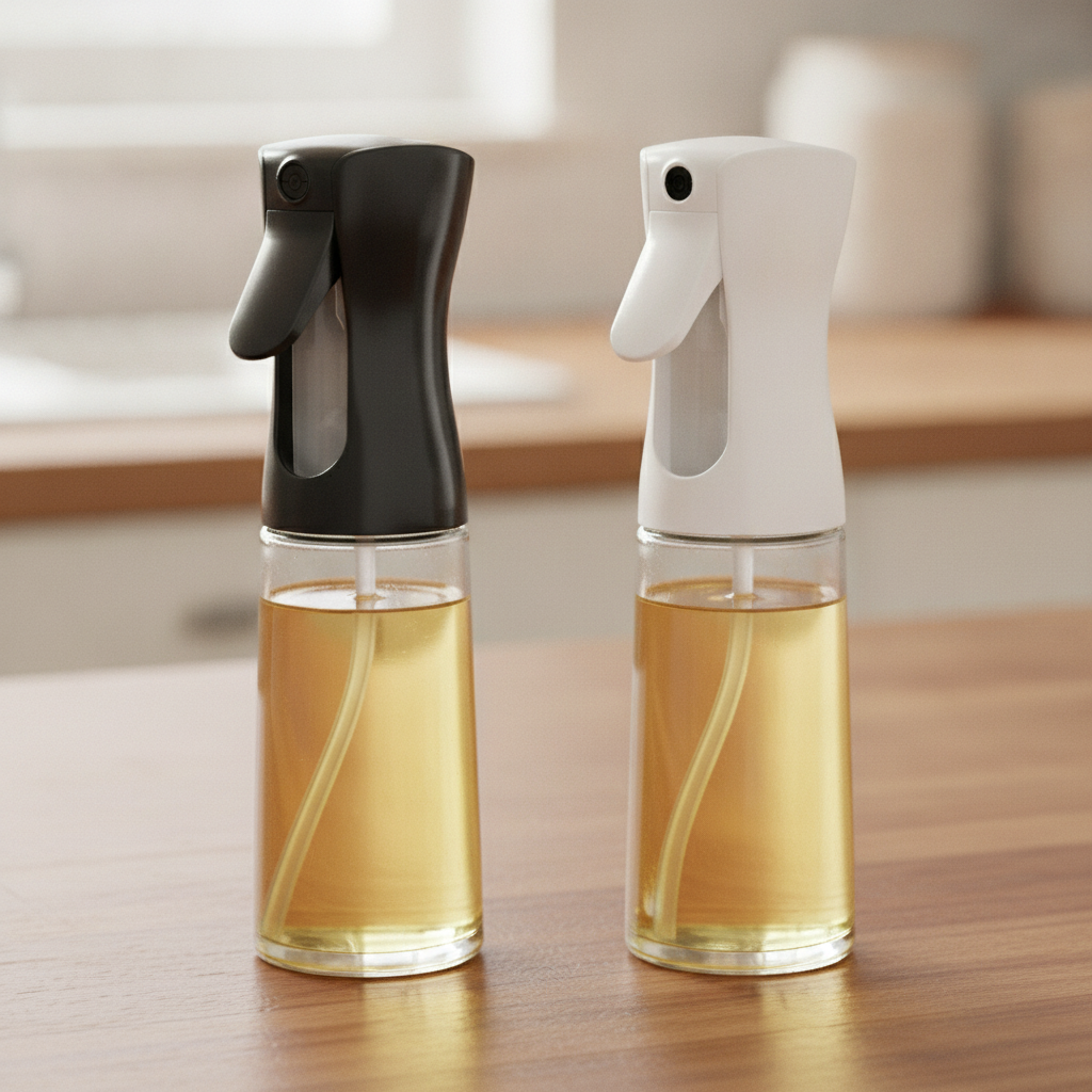 CleanChef white and AeroMist black refillable oil sprayers on a wooden kitchen counter
