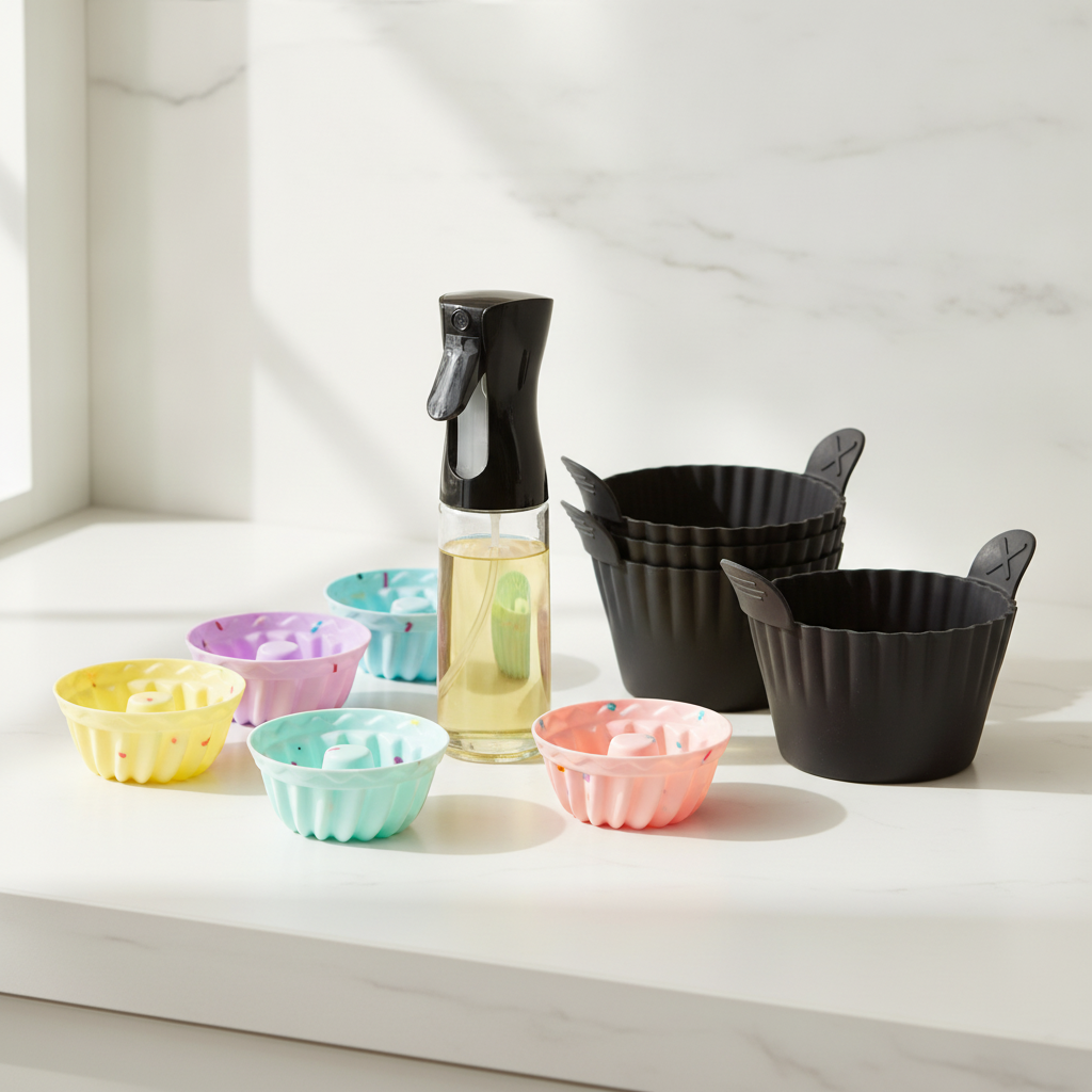 10-piece air fryer accessories set with oil sprayer and 9 silicone baking cups on a light countertop