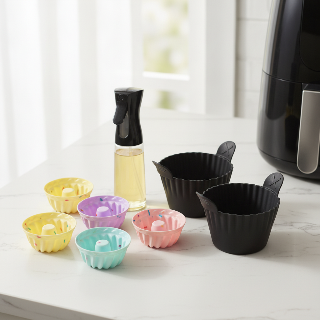 Oil sprayer and silicone baking cups next to an air fryer