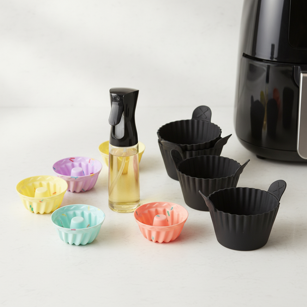 10-piece silicone air fryer set displayed beside an air fryer basket