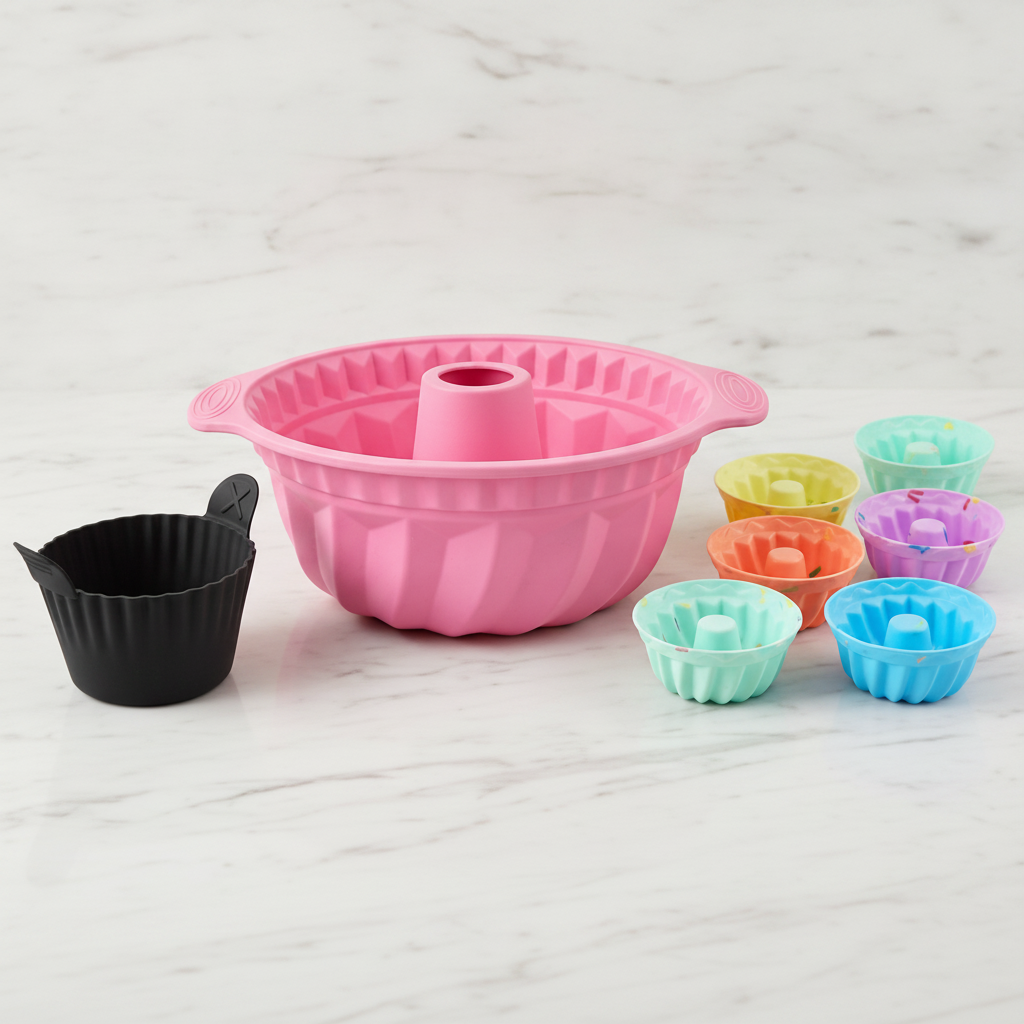 Silicone Bundt pan and 5 swirl baking cups baking starter set on a marble countertop