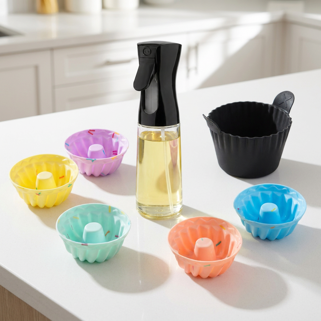 13-piece silicone baking bundle with Bundt pans, baking cups and oil sprayers in natural light