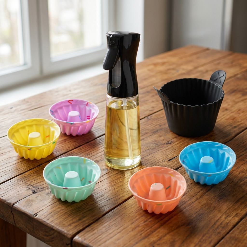 Complete silicone bakeware set on a rustic wooden kitchen table
